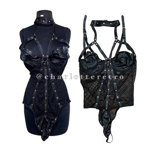 Elegant Moments Leather • Black Mesh Studded Strappy XO Choker Bodysuit
